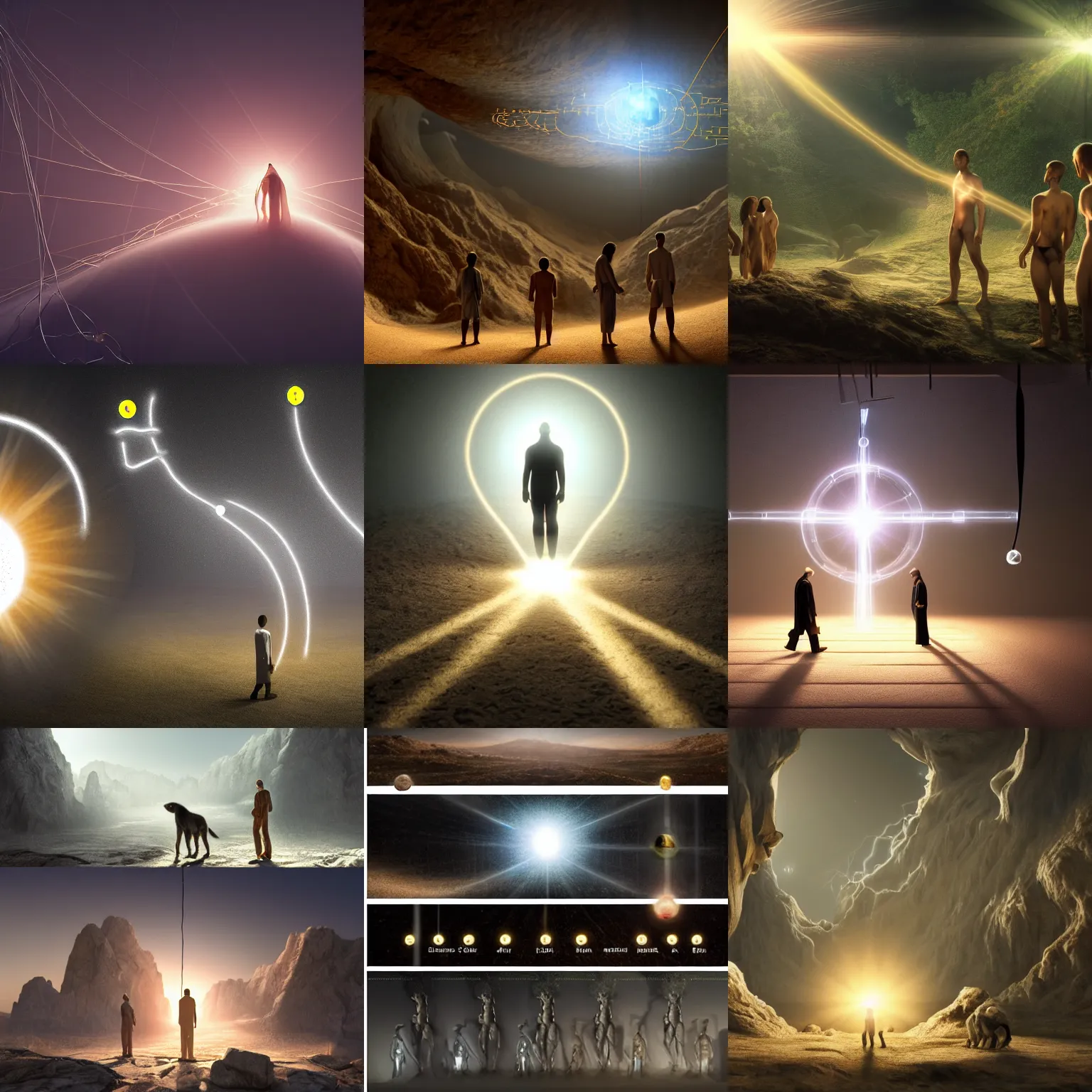 Prompt: main steps of evolution of life toward man, shown in line, under supervision of the looking lord, lord connects using a wire made of light, picture, raytracing, dreamy, sharp focus, cinematic lighting, highly detailed, artstation, divine, by gauthier leblanc, kazuya takahashi, huifeng huang, michael angelo