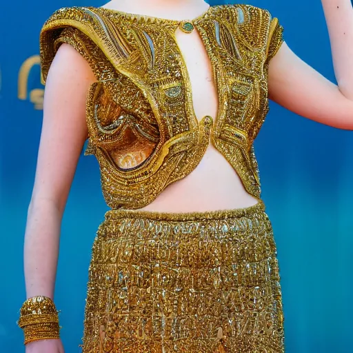 Image similar to A full body shot of Emma Stone wearing a golden Arabian crown , royality, high quality, fully detailed, 4k