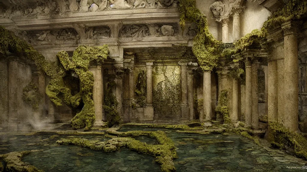 Image similar to roman bath, marblefloor, golden snakes, mossy pillar, ruin, godrays, cgsociety,