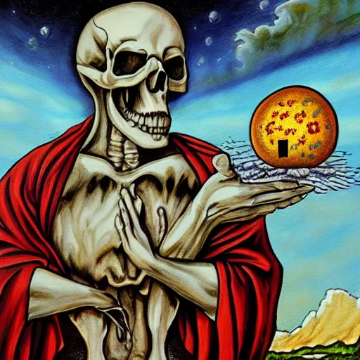 Image similar to ultrarealistic comic painting of a skull face Jesus Christ with the earth sphere in background, drowning into thermonuclear blast mushroom, praying for peace