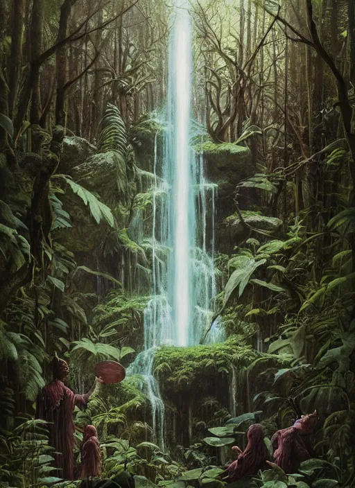 Image similar to a hyper realistic architectural witch shrine under a waterfall in the woods, gorgeous lighting, lush forest foliage, painting by chiara bautista and tom bagshaw, muca beksinski and norman rockwell and greg rutkowski weta studio, and lucasfilm