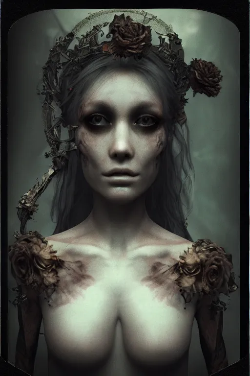 Image similar to Polaroid of a Goddes of death portrait with dark clothes, Double Exposure, fog, ultra super good realistic 3D render by pete morbacher and Emil Melmoth, Trending on Artstation, I can't believe how detailed this is, 8k