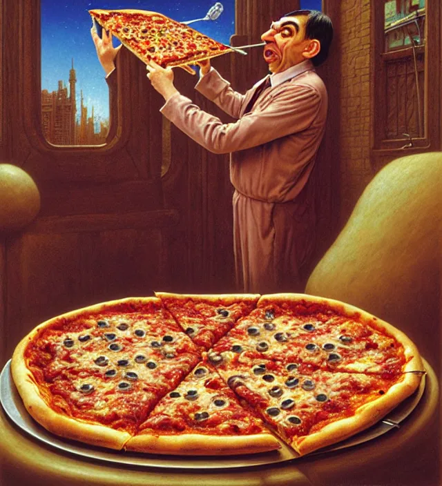 Prompt: derpy looking mr. bean eating greasy pizza, pizza is everywhere, weird, strange, bizarre, surreal, epic composition, 2 0 0 mm focal length, donato giancola, tim hildebrandt, wayne barlow, bruce pennington, larry elmore