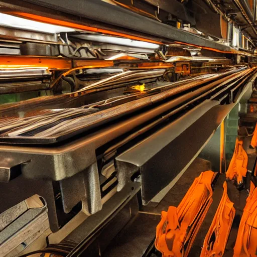 Image similar to rows of toaster oven mecha heads on conveyor belt, dark messy smoke - filled cluttered workshop, dark, dramatic lighting, orange tint, sparks, cinematic, highly detailed, sci - fi, futuristic, movie still