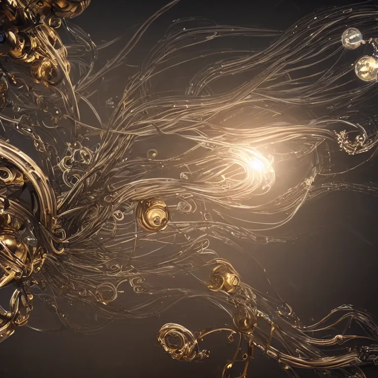 Image similar to swirling abstract cyborg parts and bio - mechanical tendrils and ornate flowing smoke streams and liquid light streaks surround a small metallic sphere, cinematic, unreal engine