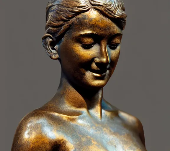 Image similar to detailed photo of old bronze patina statue of most beautiful woman, full body view, various poses, photorealism, intricate detail, museum diffuse lighting