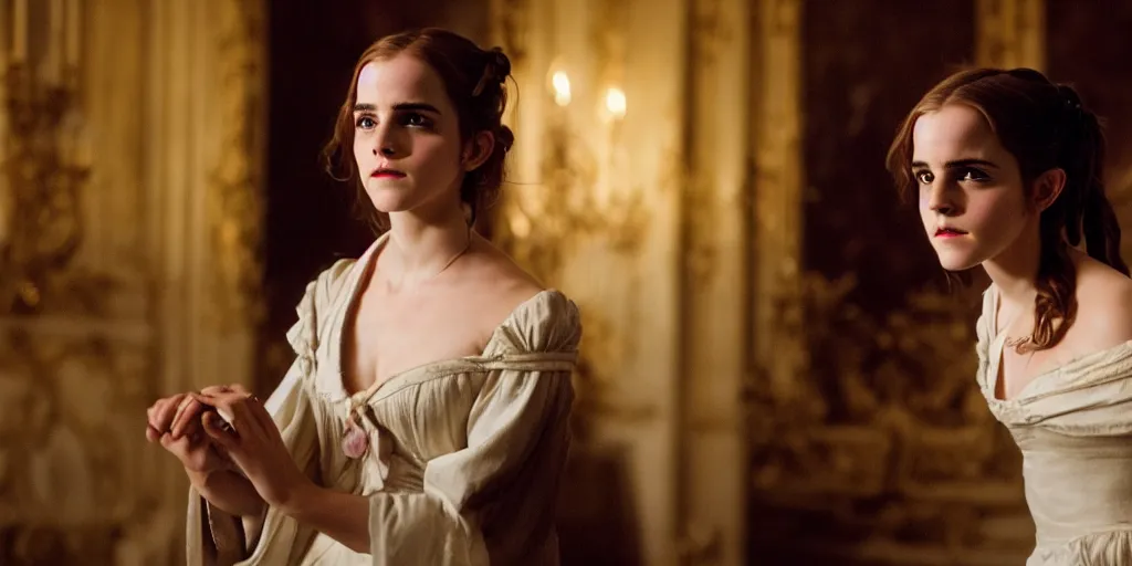 Image similar to Emma Watson long hair flowing robes baroque room cinematic lighting stanley kubrick barry lyndon Canon eos M50 200mm