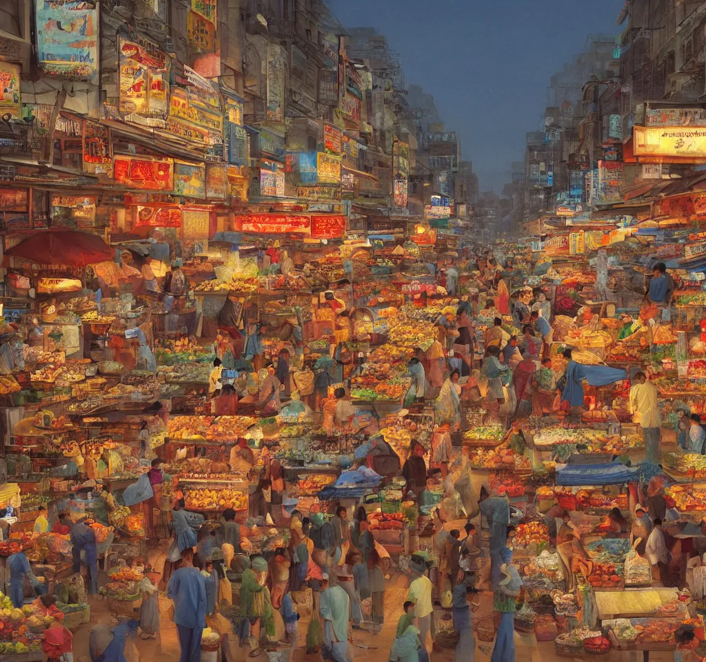 Image similar to an immaculate digital matte painting by Robin White of a placid asian street market scene at dusk.