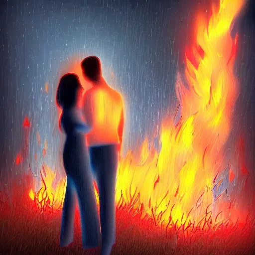 Prompt: young lovers looking into each others eyes while fire burns all around them, digital art high detail,