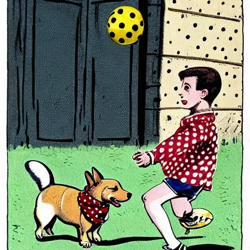 Image similar to book illustration of a french boy on the streets of paris playing football against a corgi, the dog is wearing a polka dot scarf, 1 9 6 6