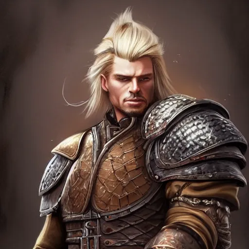 Image similar to full body rear side portrait of a muscular, ponytail haired blonde man in his late 30's with only one arm armored, wearing a thick brown leather coat, looking to his side, DnD character, fantasy character, digital art by Donglu Yu