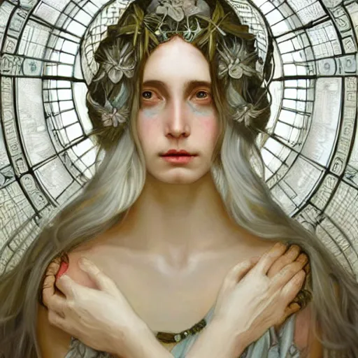 Prompt: goddess, two faced, one face sad, one face happy, long hair, white hair, ethereal, intricate, elegant, georgeus, highly detailed, sharp focus, digital painting, by artgerm and greg rutkowski and alphonse mucha