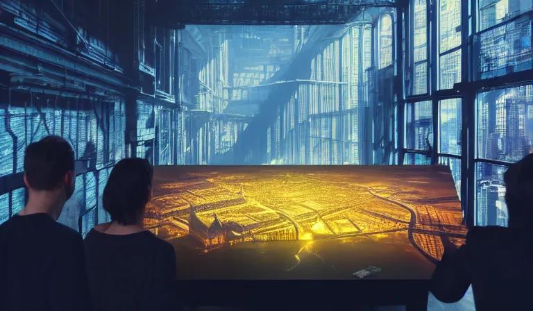 Prompt: large group of people in walled warehouse, looking at hologram of futuristic city on a table, cinematic concept art, godrays, golden hour, natural sunlight, 4 k, clear details, tabletop model buildings, center model buildings, hologram center, crane shot, crane shot, crane shot