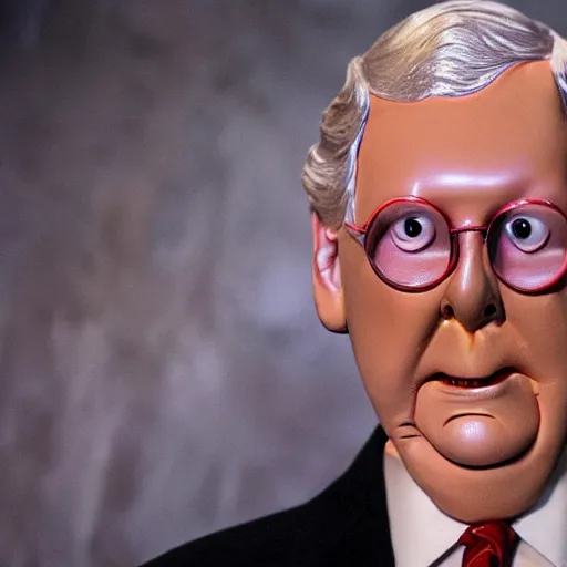 Prompt: the melting slimy face of villain mitch mcconnell flesh monster. horror film production photograph.