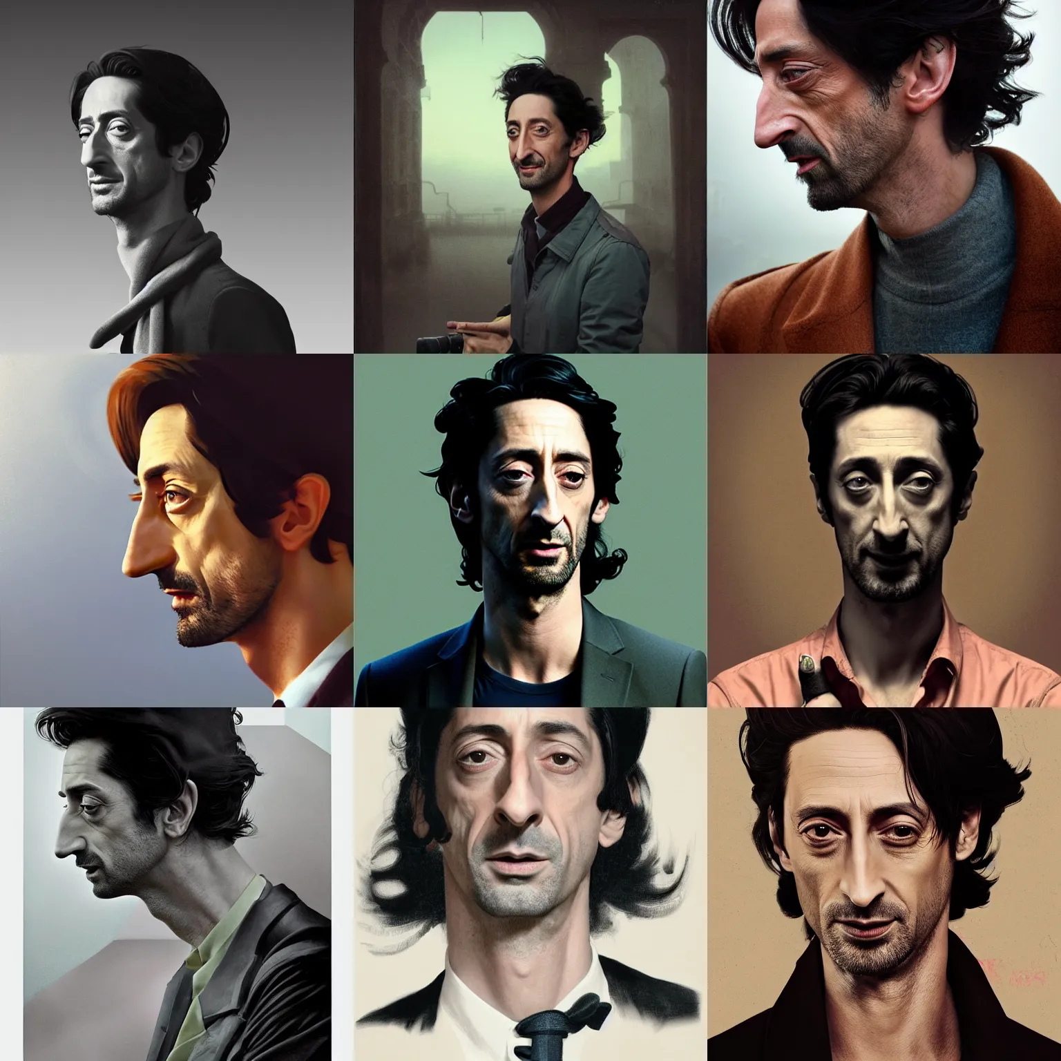 Prompt: adrien brody, medium shot, asymmetrical, profile picture, foggy day, matte painting, bold shapes, hard edges, by huang guangjian and gil elvgren and sachin teng