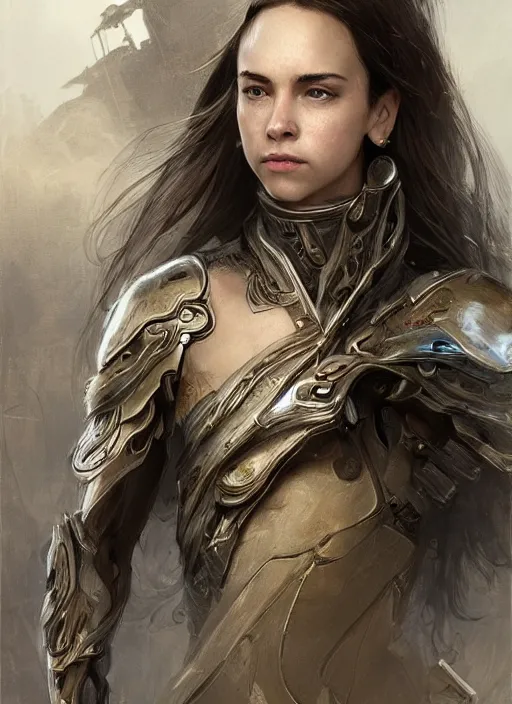 Image similar to a professional portrait of a beautiful young female, clothed in ethereal battle armor, olive skin, long dark hair, beautiful bone structure, symmetrical facial features, intricate, elegant, digital painting, concept art, smooth, sharp focus, finely detailed, illustration, from Valerian and the City of a Thousand Planets, in the style of Ruan Jia and Mandy Jurgens and Artgerm and Greg Rutkowski and William-Adolphe Bouguerea