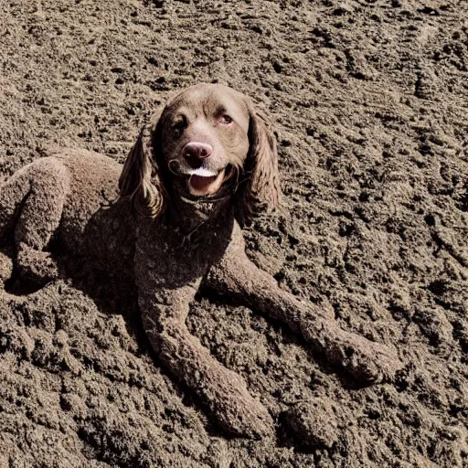 Prompt: island in the shape of a dog, dog made of dirt and stone with grass fur