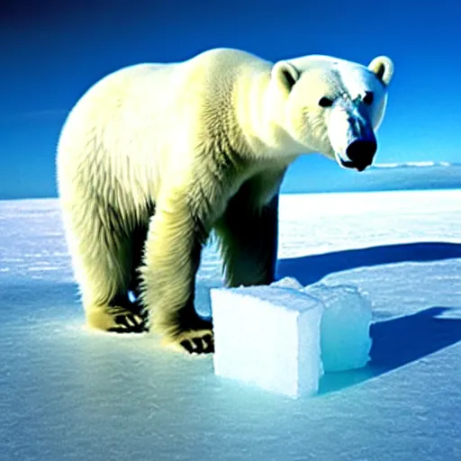 Prompt: a photo of a skinny polar bear beside a block of ice, on a tiny pacific island, beautiful desert island, national geographic