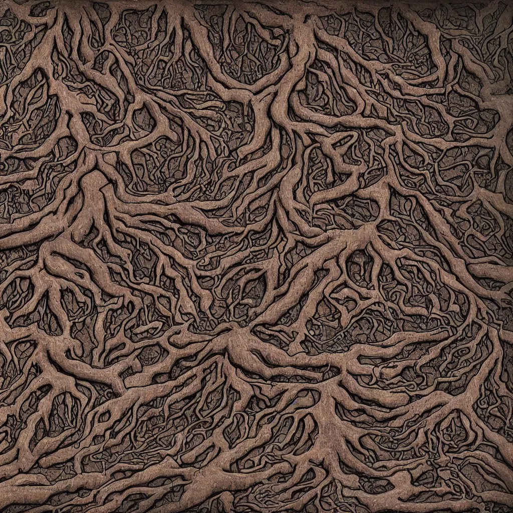 Prompt: a digital topdown painting of nightmare horror mud with bricks thick tree roots and many muddy body parts, faces rising from the ground.