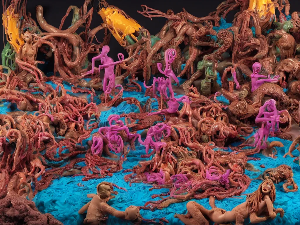 Prompt: diorama of the raft of the medusa as an animatronic schlock body horror comedy film, fun, animatronic figures, Sally Corporation, Garner Holt, play-doh, lurid, vivid colors, neon lights, rubber latex, realistic materials, fleshy, Cronenberg, Rick Baker, daylight, photo real, wet, slimy, wide angle, rule of thirds, 28mm, 1984, Eastman EXR 50D 5245/7245