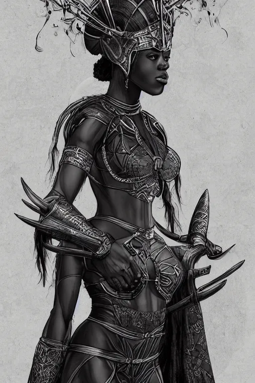 Prompt: beautiful ninja african princess with an afro. wearing cloak, medieval body armor, artgerm, trending on artstation, character concept art, border and embellishments inspired by giger.