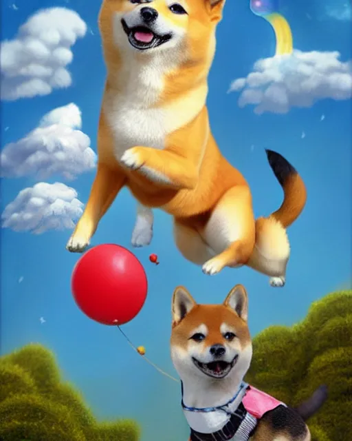 Image similar to shiba inu flies up with a frisbee ， painting photoshop by mark ryden and pixar and hayao miyazaki, 8 k