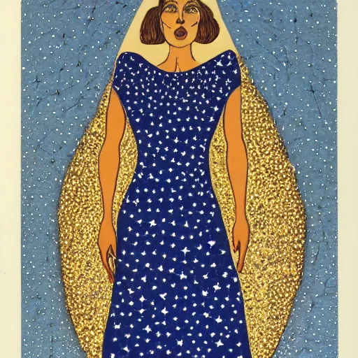 Prompt: hyperdetailed woman, 1980s, in a long blue dress, surrounded my stars