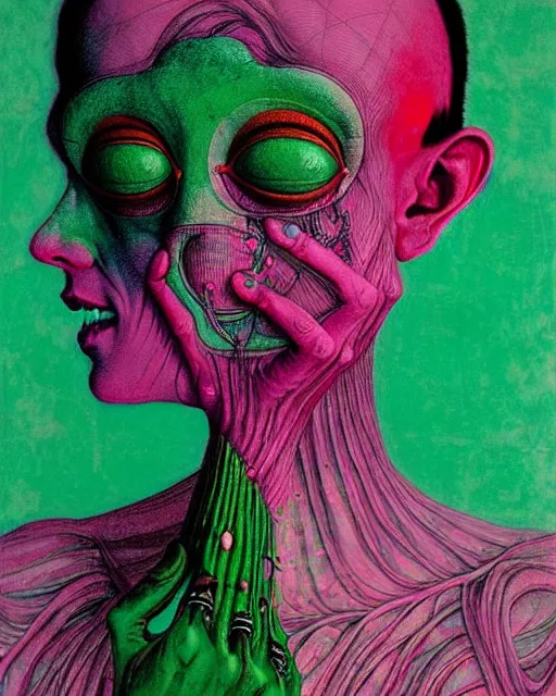 Image similar to the annunaki wearing breathing apparatus making humans, in a pink and green colour palette, surrealism, in the style of adrian ghenie, esao andrews, jenny saville, edward hopper, dark art by takato yamamoto