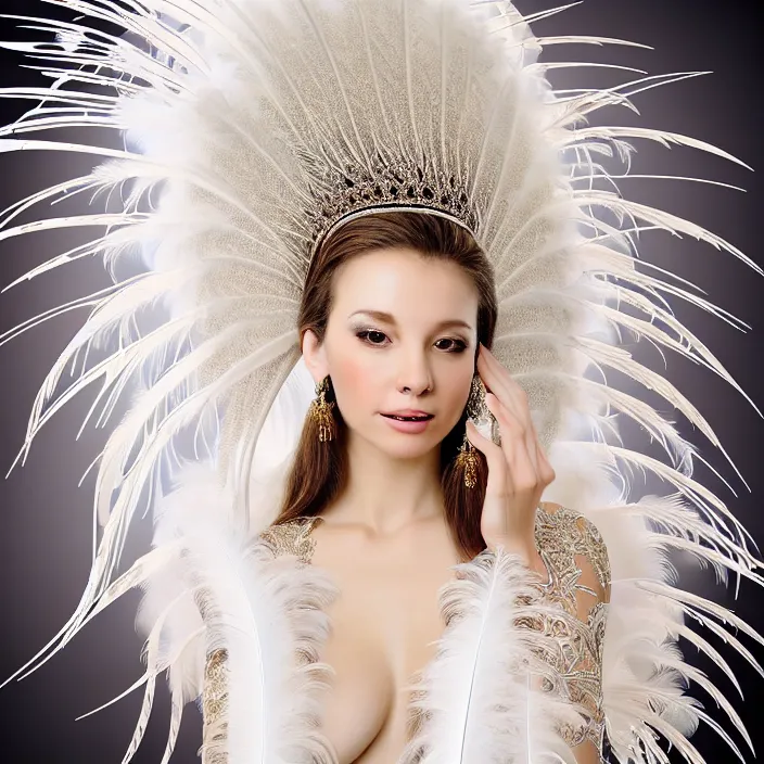 Image similar to photo portrait of a beautiful woman like a queen-feathers-angel, dressed in long elegant intricate ornamental roots white dress, natural skin tone, intricate mandelbrot fractal highly detailed feathers ornament in the upper side of breast, bust with a very long neck , hair are wired feathers, elegant, highly detailed intricate feathers ornament in her long hair, Realistic, Refined, Highly Detailed, natural outfoor lighting colors scheme, fine art photography by Lindsay Adler, volumetric lighting, hyper realistic photography, 8k