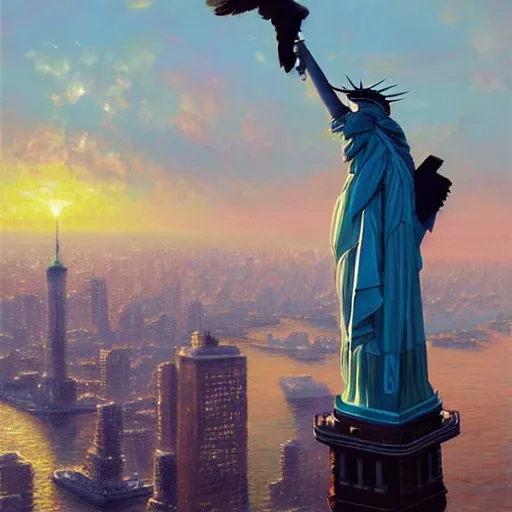 Image similar to a hyper realistic painting of a human with an eagle head, standing on the statue of liberty, watching the colorful city with highly detailed skyline, sunset, majestic, wonderful, fantasy, by Greg Rutkowski, Trending on Artstation, digital art