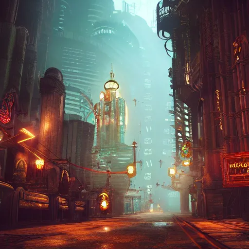 Image similar to high fantasy city rapture in the bioshock, tall towers, underwater city, dreamy magical, ultrarealistic, intricate detail, finely detailed, small details, extra detail, high resolution, volumetric lighting, octane render, 8 k