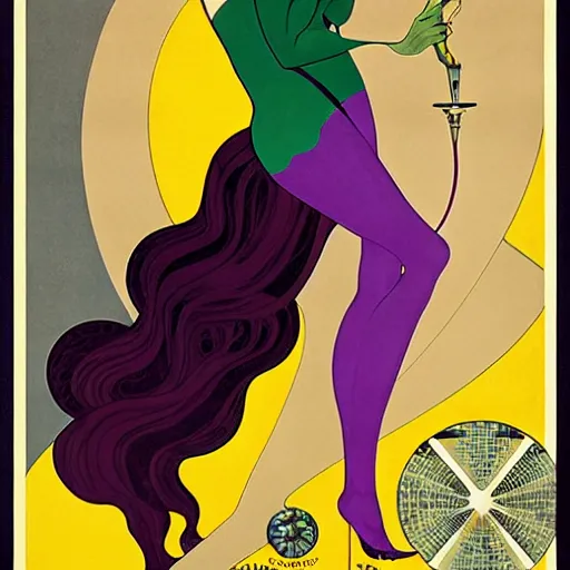 Image similar to Eva Green is Metamorpho, the Element Woman, Art by Coles Phillips, Chalk white skin, deep purple hair, Green eyes, Portrait of the actress, Eva Green as Metamorpho, art deco, Alphonse Mucha, carbon black and antique gold