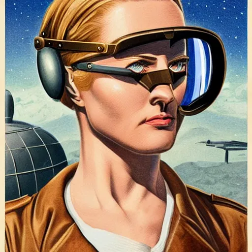 Prompt: heroic square - jawed handsome emotionless serious blonde butch woman aviator, with dark brass victorian goggles, very short butch slicked - back hair, wearing brown leather jacket, standing in front of small spacecraft, alien 1 9 7 9, illustration, science fiction, retrofuture, highly detailed, colorful, graphic, ron cobb, mike mignogna