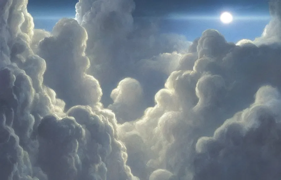 Image similar to Gates of heaven in the clouds by ralph mcquarrie, concept art, ultra realistic, super detailed, photorealistic, cinematographic, epic lighting, religious