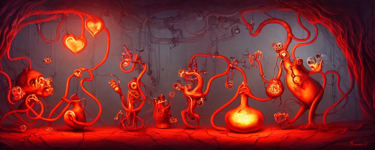 Image similar to whimsical weird chthonic alchemist creatures inside a visceral arterial alchemical lab within the left ventricle of a human heart, dramatic lighting fiery red lighting, surreal fleischer cartoon characters, surreal painting by ronny khalil