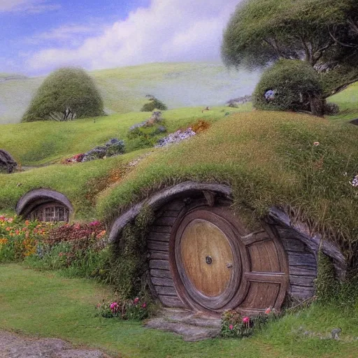 Image similar to beautiful serene hobbiton, by alan lee, lord of the rings, smooth, detailed terrain, oil painting, matte painting concept art, trending on art station