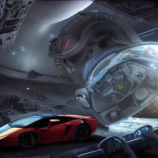 Image similar to harry potter driving a lamborghini in a space station on mars, highly detailed, digital art, trending on artstation