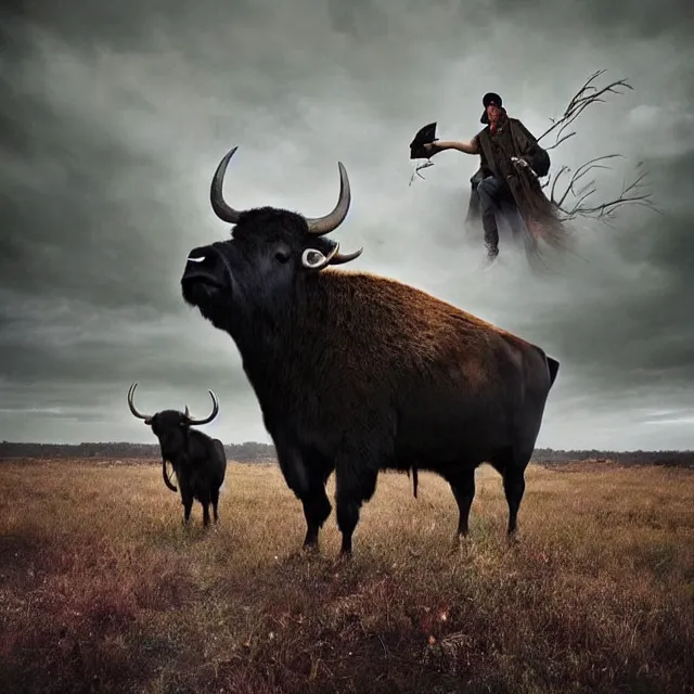 Image similar to incredible modern fable evocative artwork of buffalo hunters, buffalo midnight in the style of tim walker fashion photography, buffalos hunting hunters, fables of the reconstruction