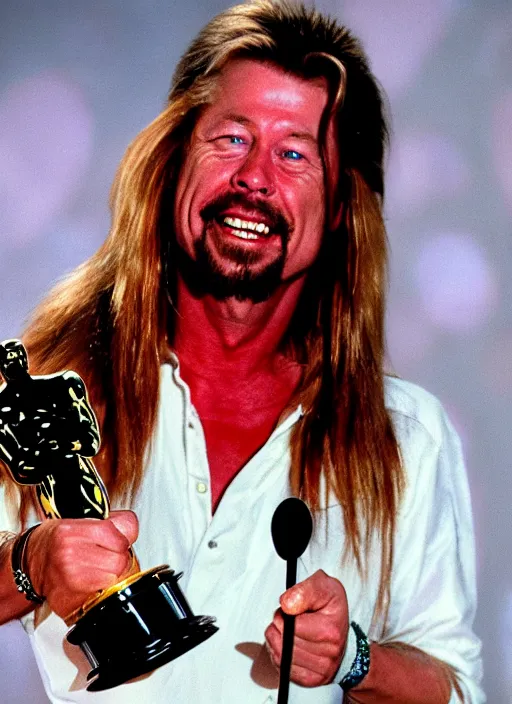 Image similar to an ultra realistic photograph of Joe Dirt winning an oscar, highly detailed, 8k photo