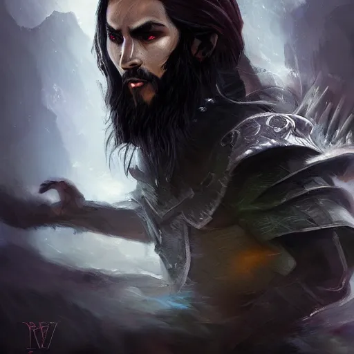 Prompt: A fierce and noble sorcerer warrior, 30 years old, black hair, fantasy, magical, D&D, cinematic lighting, highly detailed, digital painting, sharp focus, smooth, concept art