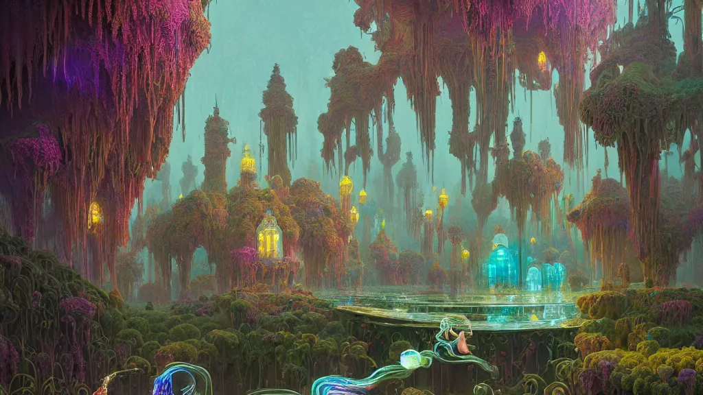 Image similar to ornate woman of iridescent liquid, alchemy, intricate, bloom, detailed, volumetric lighting, sharp focus, photorealism, digital painting, highly detailed, concept art, by roger dean and simon stalenhag and mark brooks