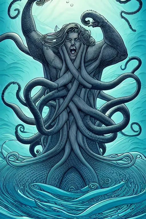 Image similar to comic cover art of a giant kraken emerging from a tempestuous sea, by jenny frison and sana takeda, intricate details, stunning inking lines, flat colors, 4 k, hd, artstation