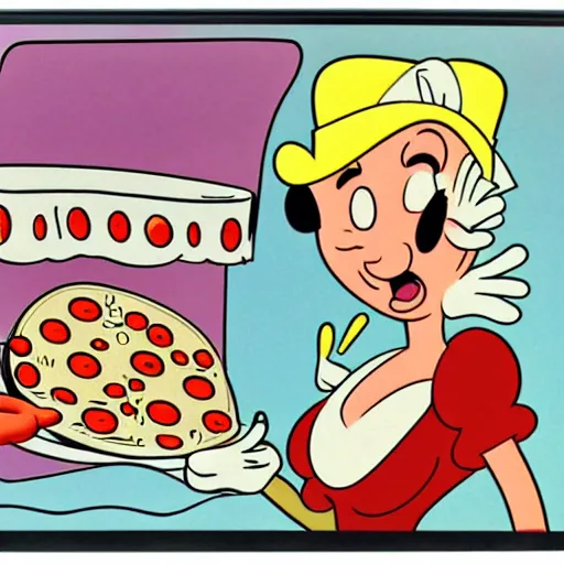 Image similar to 1 9 3 0 s cartoon pizza winks at oven, animation, cartoons, max fleischer, betty boop, cuphead, animation cel, still, freezeframe