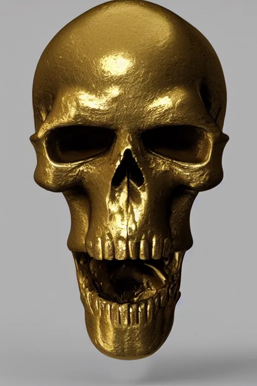 Image similar to 3 d render by daniel arsham of melting solid gold skulls, reflective, volumetric lighting, on clean white background