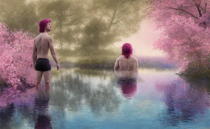 Prompt: harmony of pink haired merman backlit staring at black haired young man from across a pond, love at first sight, by alan lee, muted colors, springtime, colorful flowers & foliage in full bloom, sunlight filtering through trees & skin, digital art, art station cfg _ scale 9