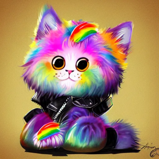 Image similar to wide angle full body, jacket wearing fluffy cute rainbow kitten wearing a black leather motorcycle jacket, concept art