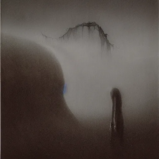 Prompt: dark atmosphere foggy landscape with a strange monster legs like a spider in The back dramatic lighting horror Beksinski