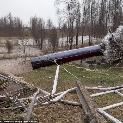 Prompt: on the territory of the Russian village house in Russia there is a large funnel after a missile strike near which a crowd of people gathered and takes pictures of it