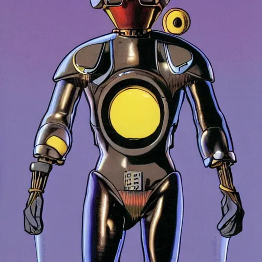 Prompt: human in suit with conic helmet and jetpacks attached to arms and legs, against dark background, fluid, smooth, organic, crazy, high contrast, sharpness, dramatic, by siudmak and richard corben and moebius