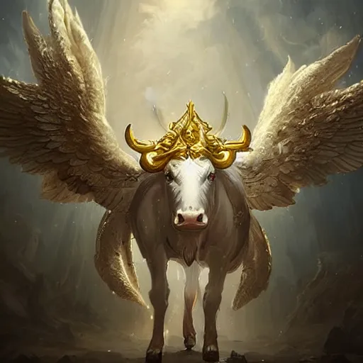 Image similar to a white bull with angelic wings and golden horns, epic fantasy digital art, fantasy style art, by Greg Rutkowski, fantasy hearthstone card art style